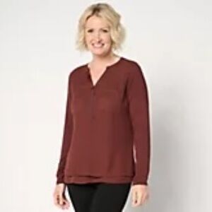 Joan Rvers Mixed Media long sleeve top 1x- chocolate brown